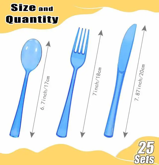 Alt view image 3 of 7 - 75 Pack Royal Blue Clear Plastic Cutlery Heavy Duty Clear Blue Plastic Knives Forks and Spoons Disposable Silverware Set for 25 Guest Camping Birthday Baby Shower Party Utensil Set