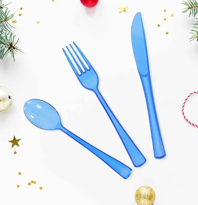 Alt view image 4 of 7 - 75 Pack Royal Blue Clear Plastic Cutlery Heavy Duty Clear Blue Plastic Knives Forks and Spoons Disposable Silverware Set for 25 Guest Camping Birthday Baby Shower Party Utensil Set