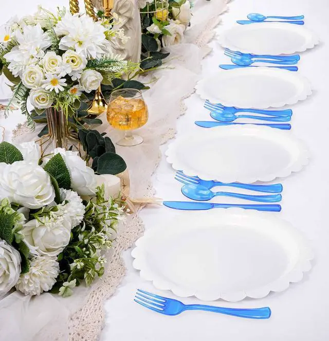 Alt view image 6 of 7 - 75 Pack Royal Blue Clear Plastic Cutlery Heavy Duty Clear Blue Plastic Knives Forks and Spoons Disposable Silverware Set for 25 Guest Camping Birthday Baby Shower Party Utensil Set