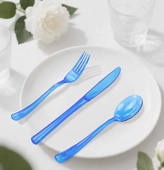 Alt view image 7 of 7 - 75 Pack Royal Blue Clear Plastic Cutlery Heavy Duty Clear Blue Plastic Knives Forks and Spoons Disposable Silverware Set for 25 Guest Camping Birthday Baby Shower Party Utensil Set