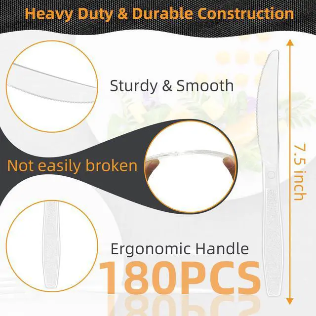Alt view image 5 of 7 - 180 Count Extra Plastic Knives Heavy Duty 7.5" Disposable Clear Plastic Knives Bulk, Heat Resistant & BPA-Free, Plastic Cutlery Set for Party, Events and Daily Use