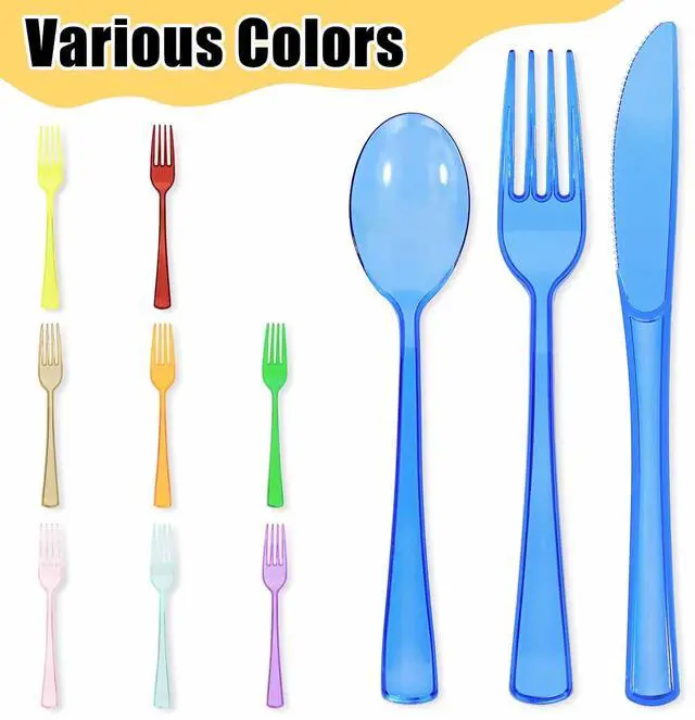 Alt view image 5 of 7 - 75 Pack Royal Blue Clear Plastic Cutlery Heavy Duty Clear Blue Plastic Knives Forks and Spoons Disposable Silverware Set for 25 Guest Camping Birthday Baby Shower Party Utensil Set