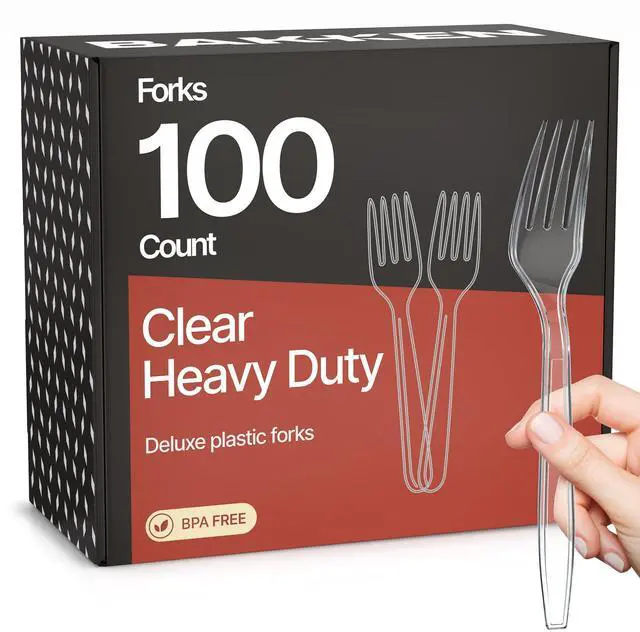 Main image of Disposable Cutlery Set 100 Pieces Forks, Heavy Duty Plastic Silverware, BPA-Free Food-Grade Materials, Heat-Resistant, Reusable Utensils for Parties, Catering, BBQs, and Everyday Use, Clear
