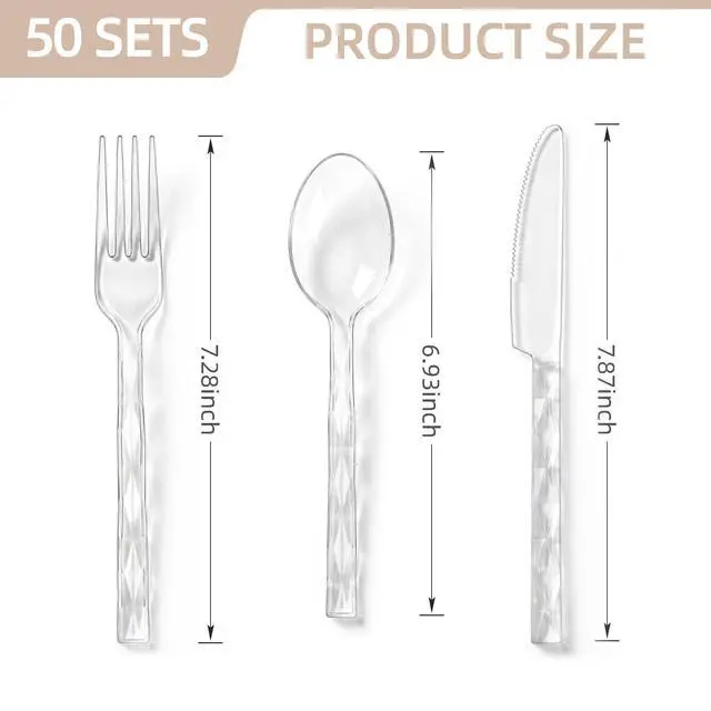 Alt view image 2 of 7 - 150PCS Clear Plastic Silverware, Clear Utensil Disposable, Heavy Duty Plastic Cutlery Set of 50 Forks, 50 Spoons, 50 Knives for Wedding, Party, Gathering, Daily Use