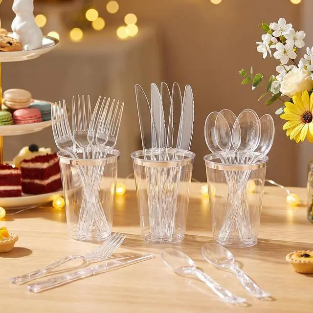 Alt view image 5 of 7 - 150PCS Clear Plastic Silverware, Clear Utensil Disposable, Heavy Duty Plastic Cutlery Set of 50 Forks, 50 Spoons, 50 Knives for Wedding, Party, Gathering, Daily Use