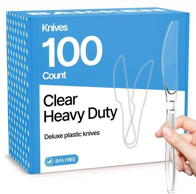 Main image of Disposable Cutlery Set 100 Pieces Knives, Heavy Duty Plastic Silverware, BPA-Free Food-Grade Materials, Heat-Resistant, Reusable Utensils for Parties, Catering, BBQs, and Everyday Use, Clear