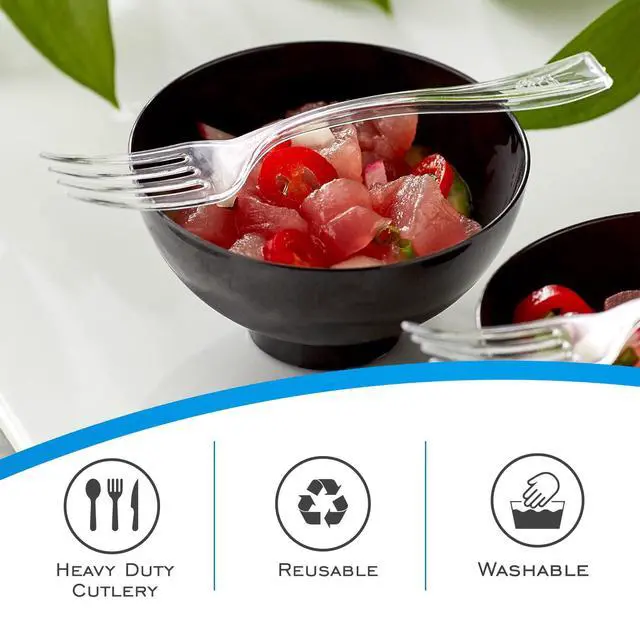 Alt view image 3 of 7 - Clear Disposable Plastic Cutlery Set - 96 Piece Assorted: 32 Forks, 32 Knives, 32 Spoons | Heavy-Duty, BPA-Free, Reusable | Clear Plastic Fork and Knife Set