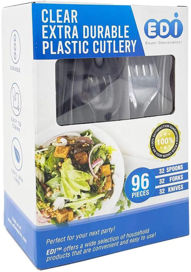 Main image of Clear Disposable Plastic Cutlery Set - 96 Piece Assorted: 32 Forks, 32 Knives, 32 Spoons | Heavy-Duty, BPA-Free, Reusable | Clear Plastic Fork and Knife Set
