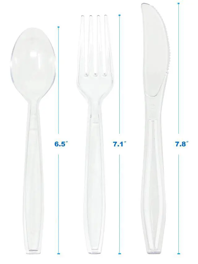 Alt view image 4 of 7 - Clear Disposable Plastic Cutlery Set - 96 Piece Assorted: 32 Forks, 32 Knives, 32 Spoons | Heavy-Duty, BPA-Free, Reusable | Clear Plastic Fork and Knife Set