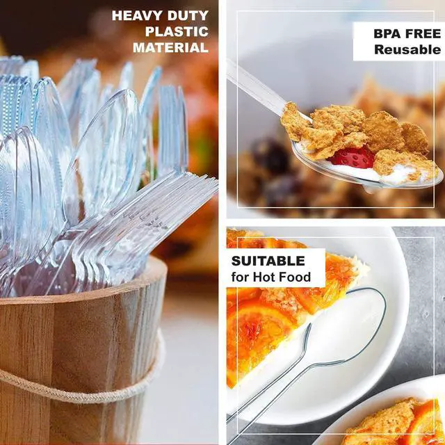 Alt view image 5 of 7 - Clear Disposable Plastic Cutlery Set - 96 Piece Assorted: 32 Forks, 32 Knives, 32 Spoons | Heavy-Duty, BPA-Free, Reusable | Clear Plastic Fork and Knife Set