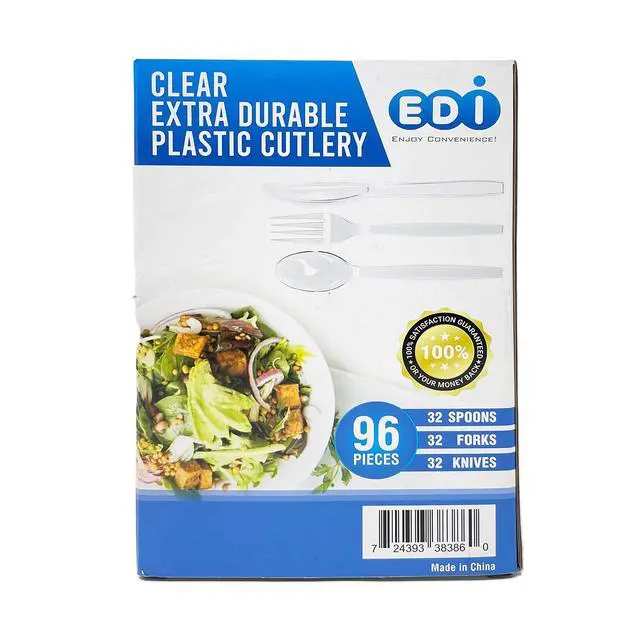 Alt view image 7 of 7 - Clear Disposable Plastic Cutlery Set - 96 Piece Assorted: 32 Forks, 32 Knives, 32 Spoons | Heavy-Duty, BPA-Free, Reusable | Clear Plastic Fork and Knife Set