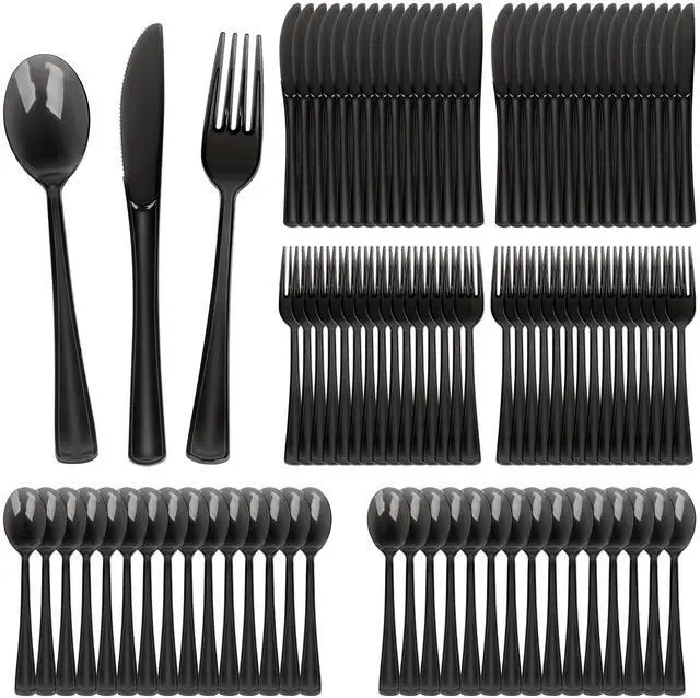 Main image of 180 Pack Disposable Clear Cutlery Set Plastic Silverware Heavy Duty Utensil Sets 60 Forks 60 Knives 60 Spoons For Party Home Office School Picnics or Every Day Use (Black)