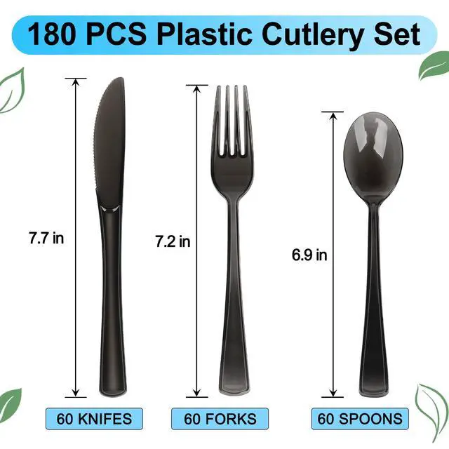 Alt view image 2 of 7 - 180 Pack Disposable Clear Cutlery Set Plastic Silverware Heavy Duty Utensil Sets 60 Forks 60 Knives 60 Spoons For Party Home Office School Picnics or Every Day Use (Black)