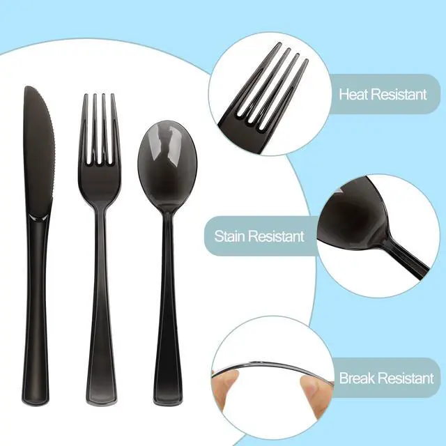 Alt view image 3 of 7 - 180 Pack Disposable Clear Cutlery Set Plastic Silverware Heavy Duty Utensil Sets 60 Forks 60 Knives 60 Spoons For Party Home Office School Picnics or Every Day Use (Black)
