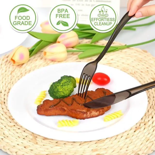 Alt view image 4 of 7 - 180 Pack Disposable Clear Cutlery Set Plastic Silverware Heavy Duty Utensil Sets 60 Forks 60 Knives 60 Spoons For Party Home Office School Picnics or Every Day Use (Black)