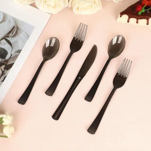 Alt view image 5 of 7 - 180 Pack Disposable Clear Cutlery Set Plastic Silverware Heavy Duty Utensil Sets 60 Forks 60 Knives 60 Spoons For Party Home Office School Picnics or Every Day Use (Black)