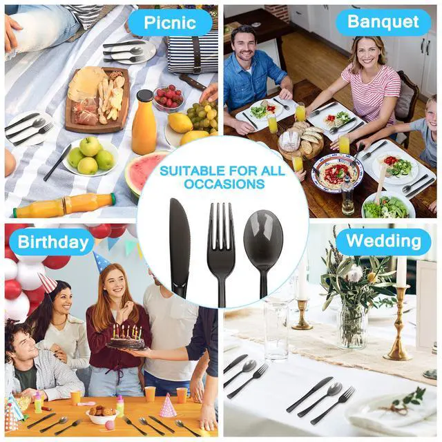Alt view image 7 of 7 - 180 Pack Disposable Clear Cutlery Set Plastic Silverware Heavy Duty Utensil Sets 60 Forks 60 Knives 60 Spoons For Party Home Office School Picnics or Every Day Use (Black)