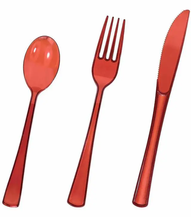 Main image of 75 Pack Red Clear Plastic Cutlery Heavy Duty Clear Red Plastic Knives Forks and Spoons Disposable Silverware Set for 25 Guest Birthday Baby Shower Christmas Party Utensil Set