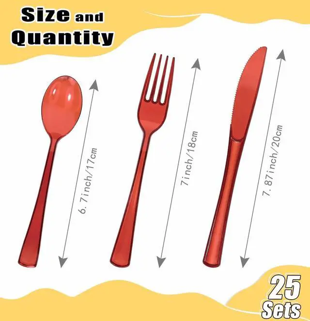 Alt view image 3 of 7 - 75 Pack Red Clear Plastic Cutlery Heavy Duty Clear Red Plastic Knives Forks and Spoons Disposable Silverware Set for 25 Guest Birthday Baby Shower Christmas Party Utensil Set