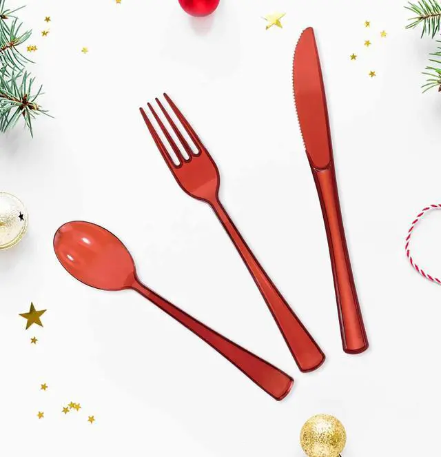 Alt view image 4 of 7 - 75 Pack Red Clear Plastic Cutlery Heavy Duty Clear Red Plastic Knives Forks and Spoons Disposable Silverware Set for 25 Guest Birthday Baby Shower Christmas Party Utensil Set