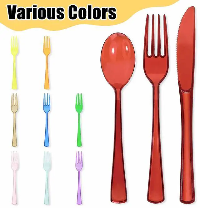 Alt view image 5 of 7 - 75 Pack Red Clear Plastic Cutlery Heavy Duty Clear Red Plastic Knives Forks and Spoons Disposable Silverware Set for 25 Guest Birthday Baby Shower Christmas Party Utensil Set