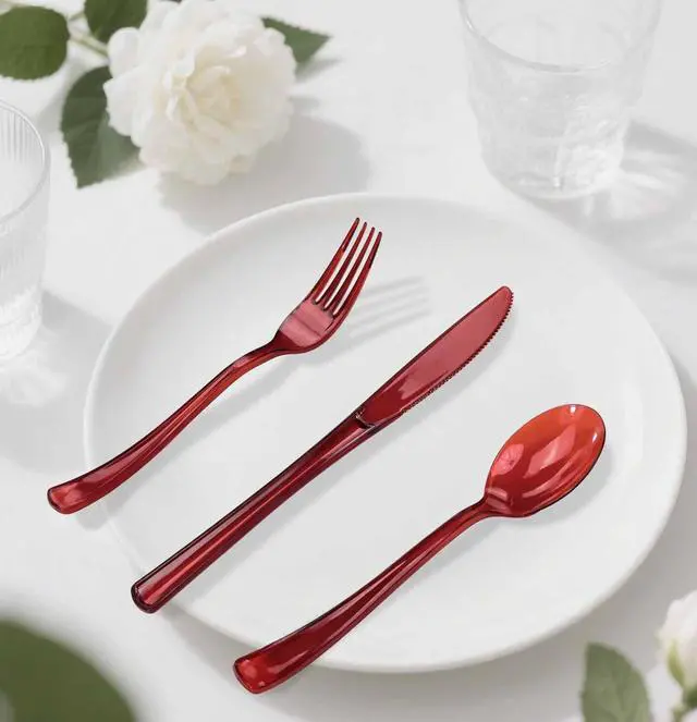 Alt view image 7 of 7 - 75 Pack Red Clear Plastic Cutlery Heavy Duty Clear Red Plastic Knives Forks and Spoons Disposable Silverware Set for 25 Guest Birthday Baby Shower Christmas Party Utensil Set