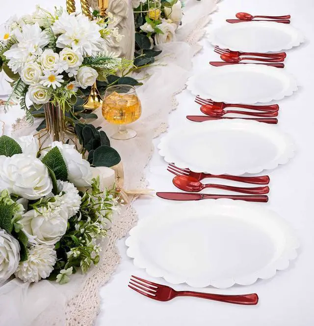 Alt view image 6 of 7 - 75 Pack Red Clear Plastic Cutlery Heavy Duty Clear Red Plastic Knives Forks and Spoons Disposable Silverware Set for 25 Guest Birthday Baby Shower Christmas Party Utensil Set