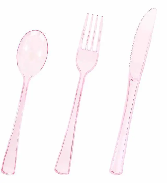Main image of 75 Pack Light Pink Clear Plastic Cutlery Heavy Duty Clear Pink Plastic Knives Forks and Spoons Disposable Silverware Set for 25 Guest Camping Birthday Baby Shower Party Utensil Set