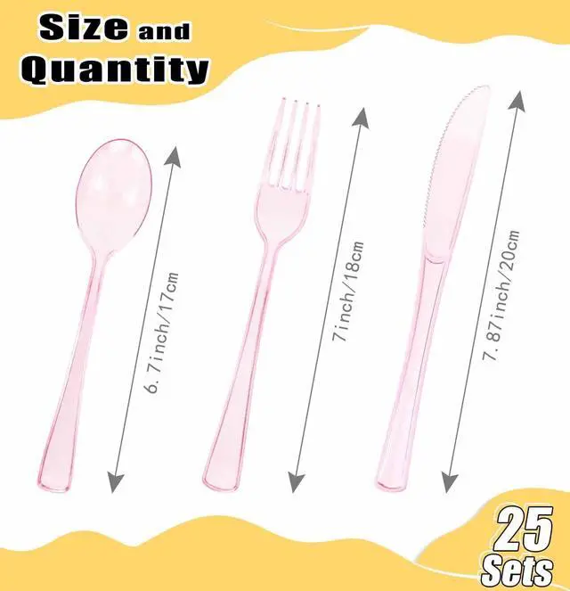 Alt view image 3 of 7 - 75 Pack Light Pink Clear Plastic Cutlery Heavy Duty Clear Pink Plastic Knives Forks and Spoons Disposable Silverware Set for 25 Guest Camping Birthday Baby Shower Party Utensil Set