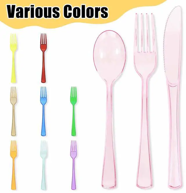 Alt view image 5 of 7 - 75 Pack Light Pink Clear Plastic Cutlery Heavy Duty Clear Pink Plastic Knives Forks and Spoons Disposable Silverware Set for 25 Guest Camping Birthday Baby Shower Party Utensil Set