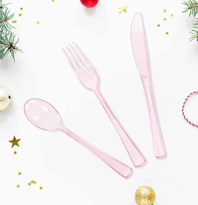 Alt view image 4 of 7 - 75 Pack Light Pink Clear Plastic Cutlery Heavy Duty Clear Pink Plastic Knives Forks and Spoons Disposable Silverware Set for 25 Guest Camping Birthday Baby Shower Party Utensil Set