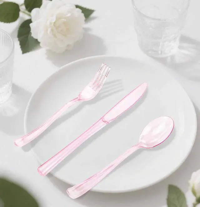 Alt view image 7 of 7 - 75 Pack Light Pink Clear Plastic Cutlery Heavy Duty Clear Pink Plastic Knives Forks and Spoons Disposable Silverware Set for 25 Guest Camping Birthday Baby Shower Party Utensil Set