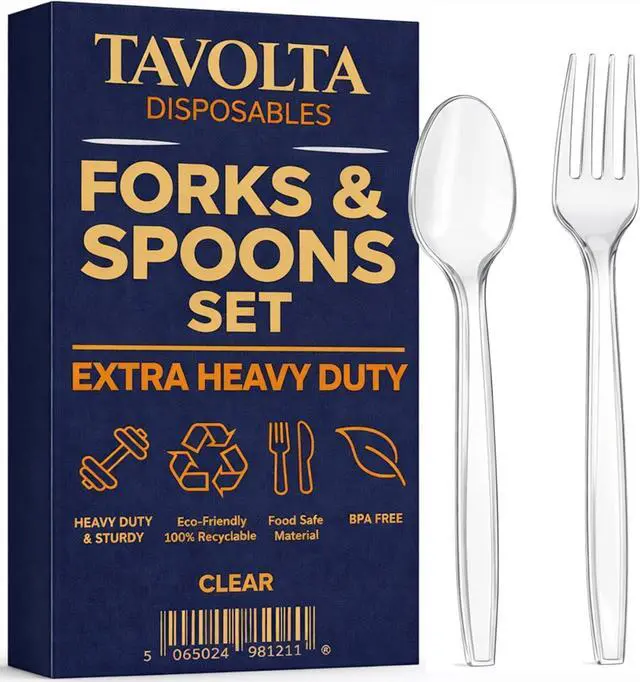 Main image of Plastic Utensils Bulk Heavy Duty Disposable Silverware Set Forks Spoons Clear Cutlery BPA Free Food Grade Durable for Outdoor Picnic BBQ Lunch Box Office Meal Prep Travel Kit Essentials x100