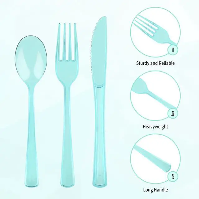 Alt view image 3 of 7 - 150 Pack Plastic Silverware,Disposable Cutlery Set Heavy Duty Utensil Sets 50 Forks 50 Knives 50 Spoons for Brithday, Wedding,Home School Party Picnics Restaurant Outdoor Events (Light Blue Clear)