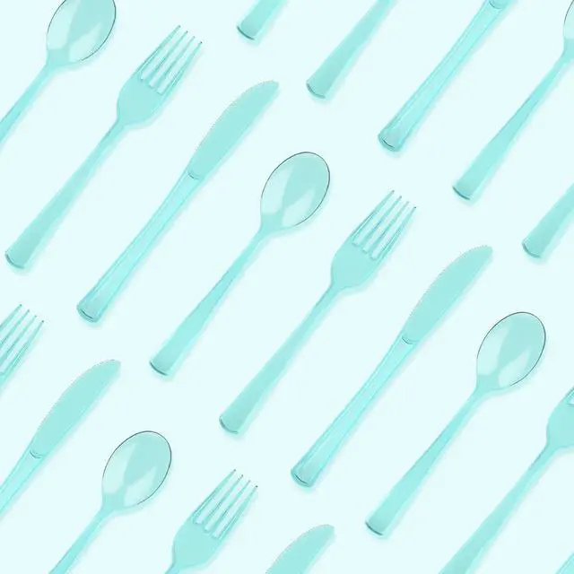 Alt view image 4 of 7 - 150 Pack Plastic Silverware,Disposable Cutlery Set Heavy Duty Utensil Sets 50 Forks 50 Knives 50 Spoons for Brithday, Wedding,Home School Party Picnics Restaurant Outdoor Events (Light Blue Clear)