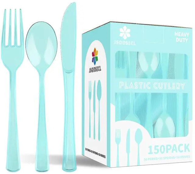 Main image of 150 Pack Plastic Silverware,Disposable Cutlery Set Heavy Duty Utensil Sets 50 Forks 50 Knives 50 Spoons for Brithday, Wedding,Home School Party Picnics Restaurant Outdoor Events (Light Blue Clear)