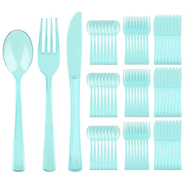 Alt view image 7 of 7 - 150 Pack Plastic Silverware,Disposable Cutlery Set Heavy Duty Utensil Sets 50 Forks 50 Knives 50 Spoons for Brithday, Wedding,Home School Party Picnics Restaurant Outdoor Events (Light Blue Clear)