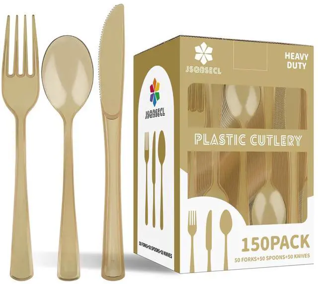 Main image of 150 Pack Plastic Silverware,Disposable Cutlery Set Heavy Duty Utensil Sets 50 Forks 50 Knives 50 Spoons for Brithday, Wedding,Home School Party Picnics Restaurant Outdoor Events (Coffee Clear)