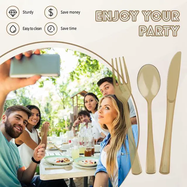 Alt view image 6 of 7 - 150 Pack Plastic Silverware,Disposable Cutlery Set Heavy Duty Utensil Sets 50 Forks 50 Knives 50 Spoons for Brithday, Wedding,Home School Party Picnics Restaurant Outdoor Events (Coffee Clear)
