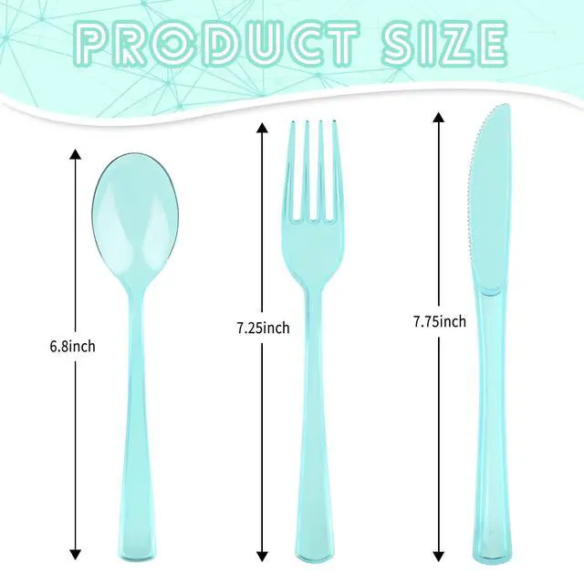 Alt view image 2 of 7 - 150 Pack Plastic Silverware,Disposable Cutlery Set Heavy Duty Utensil Sets 50 Forks 50 Knives 50 Spoons for Brithday, Wedding,Home School Party Picnics Restaurant Outdoor Events (Light Blue Clear)