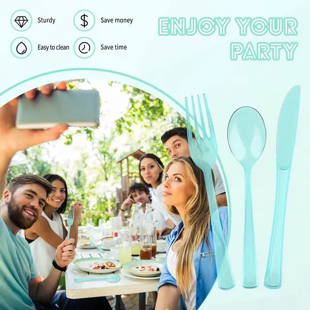 Alt view image 6 of 7 - 150 Pack Plastic Silverware,Disposable Cutlery Set Heavy Duty Utensil Sets 50 Forks 50 Knives 50 Spoons for Brithday, Wedding,Home School Party Picnics Restaurant Outdoor Events (Light Blue Clear)