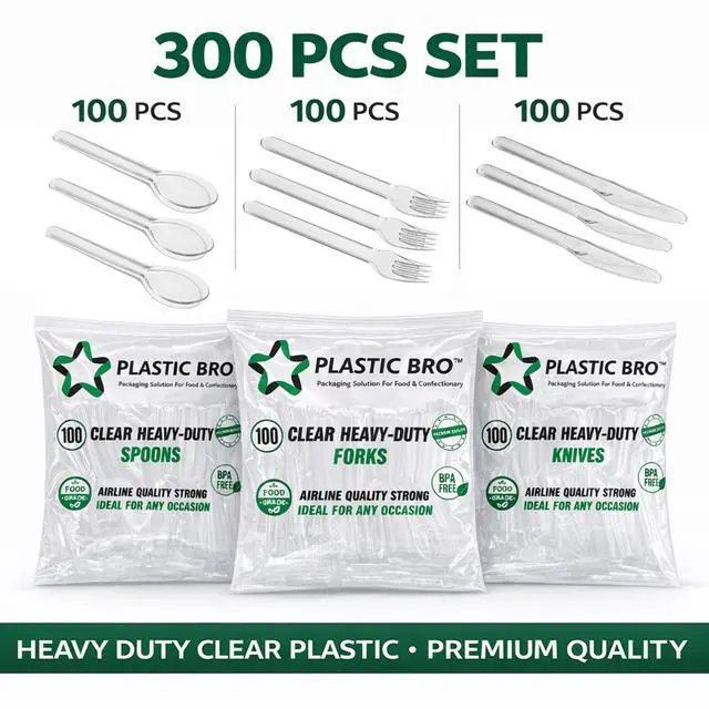 Alt view image 2 of 7 - Heavy Duty Large Plastic Cutlery Set 300 Count, 100 Spoons 100 Forks 100 Knives, Premium Clear, Heat Resistant, Reusable & Durable for High End Parties, Catering & Events