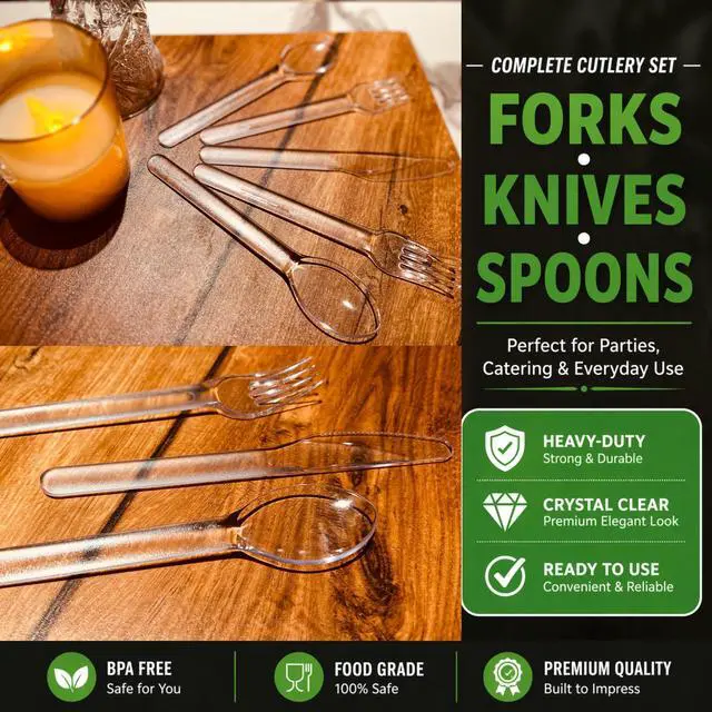 Alt view image 3 of 7 - Heavy Duty Large Plastic Cutlery Set 300 Count, 100 Spoons 100 Forks 100 Knives, Premium Clear, Heat Resistant, Reusable & Durable for High End Parties, Catering & Events
