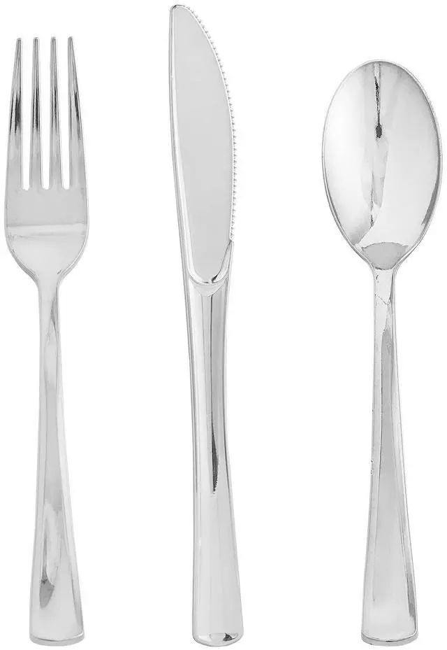 Main image of 75 Pack Silver Plastic Silverware Disposable Cutlery Set - 25 Forks Knives Spoons - Disposable Flatware Heavy Duty Plastic Utensils Set for Catering, Parties, Dinners, Weddings