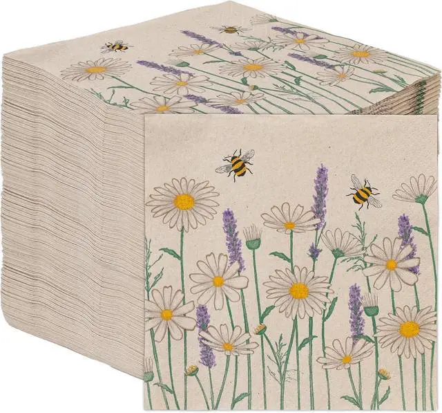 Main image of Kind 100 x Soft Recycled Floral Napkins Wildflower Napkins for Decoupage Daisy Bee Pretty Disposable Party Serviettes for Spring Weddings, Tea Parties, Birthday, Eco-Friendly, Compostable