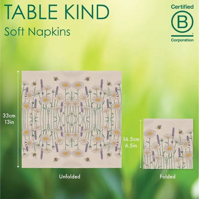 Alt view image 4 of 6 - Kind 100 x Soft Recycled Floral Napkins Wildflower Napkins for Decoupage Daisy Bee Pretty Disposable Party Serviettes for Spring Weddings, Tea Parties, Birthday, Eco-Friendly, Compostable