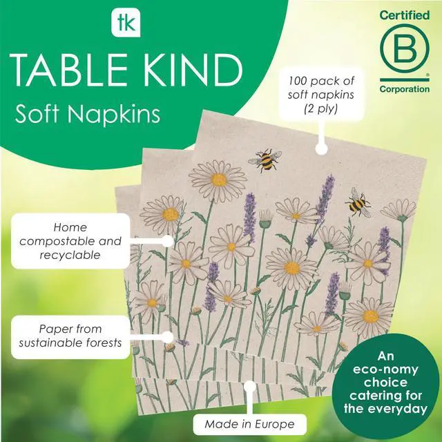 Alt view image 3 of 6 - Kind 100 x Soft Recycled Floral Napkins Wildflower Napkins for Decoupage Daisy Bee Pretty Disposable Party Serviettes for Spring Weddings, Tea Parties, Birthday, Eco-Friendly, Compostable