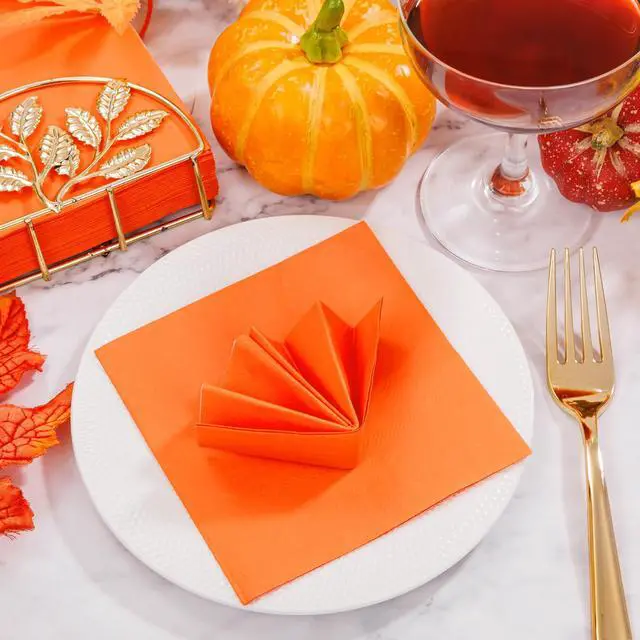 Alt view image 6 of 7 - 100-Count 2-Ply Orange Napkins -Orange Cocktail Napkins Disposable Premium Quality - 5" x 5" Fall Paper Napkins for Summer Party,Bar,Weddings