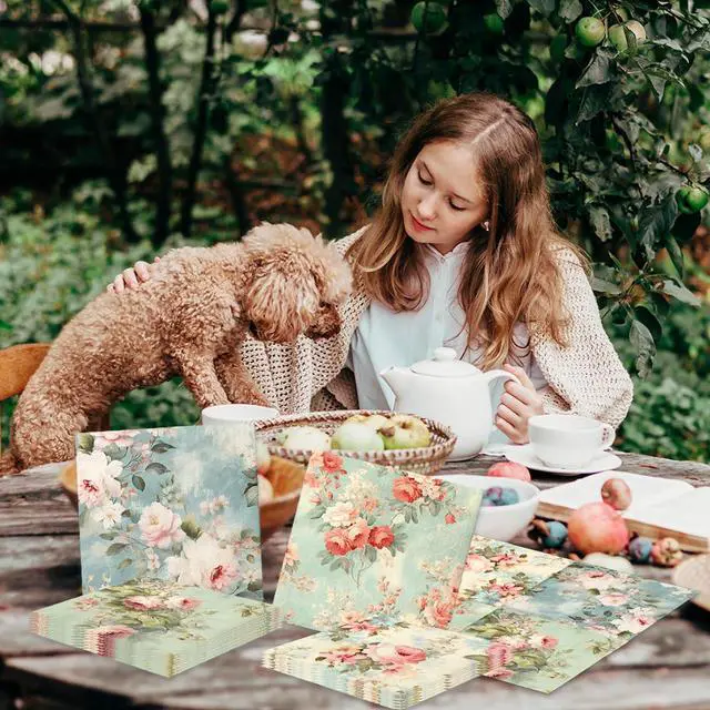 Alt view image 6 of 6 - Vintage Floral Napkins-40Pcs Flower Paper Napkins for Tea Party Birthday Baby Shower Wedding Retro Spring Decorations One Napkin with 4Patterns