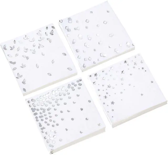 Main image of 100 Silver Napkins - 4 Assorted Designs l 3-Ply Cocktail Napkins Paper Folded 5 x 5 Inches l Bar Napkins Disposable Party Napkin for Wedding Baby Shower Birthday (Assorted Pink)
